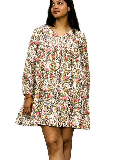 Pink Floral Boho Style Tear Mini Dress, Handmade with Premium Cotton