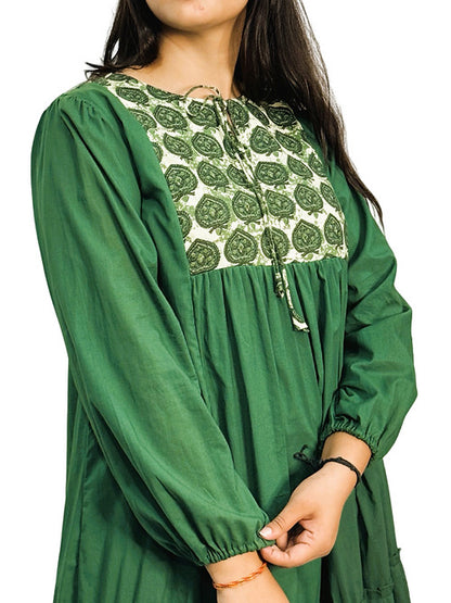 Dence Green Boho Style Casual Dress, Handmade with Premium Cotton