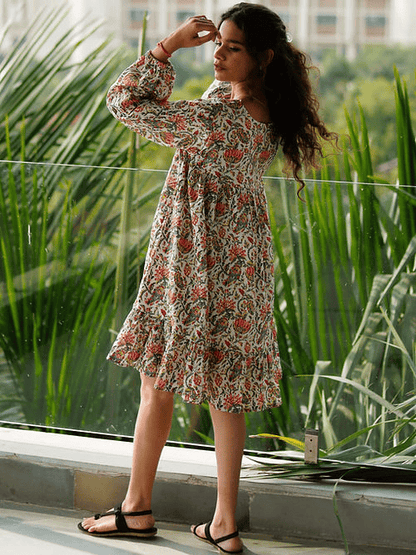 Pink Floral Boho Style Tear Mini Dress, Handmade with Premium Cotton