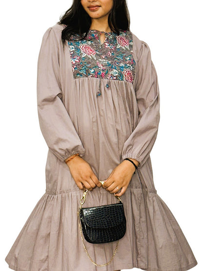 Dark Lavendor Casual Boho Style Dress, Handmade with Premium Cotton