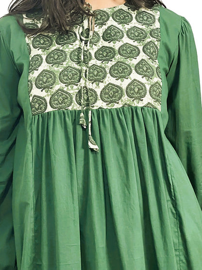 Dence Green Boho Style Casual Dress, Handmade with Premium Cotton