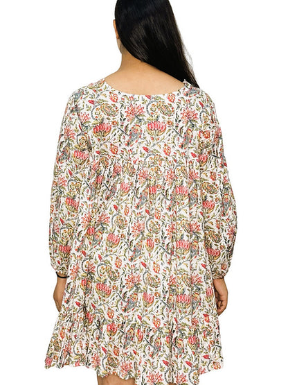 Pink Floral Boho Style Tear Mini Dress, Handmade with Premium Cotton