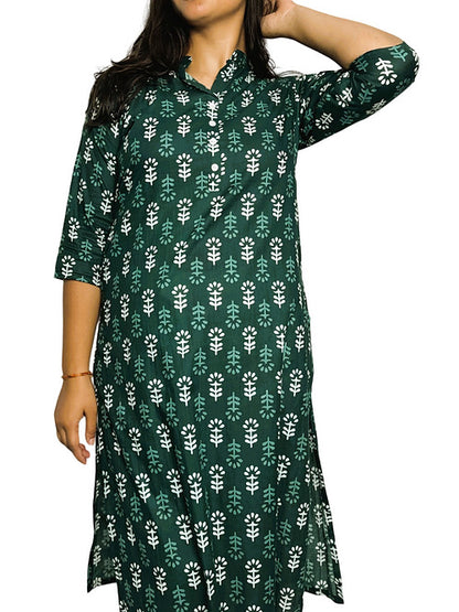 Green Butta Print Casual Straight Kurta, Handmade with Premium Cotton