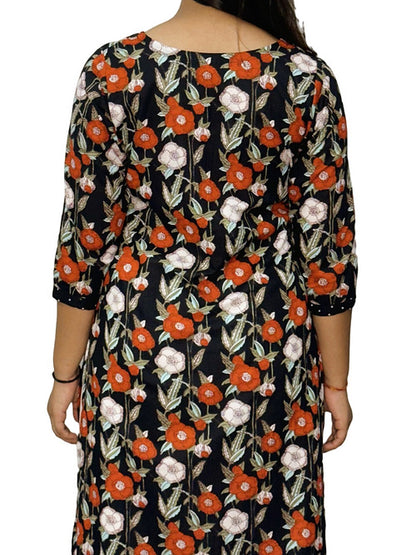 Orange & White Floral Casual Straight Kurta, Handmade with Premium Cotton