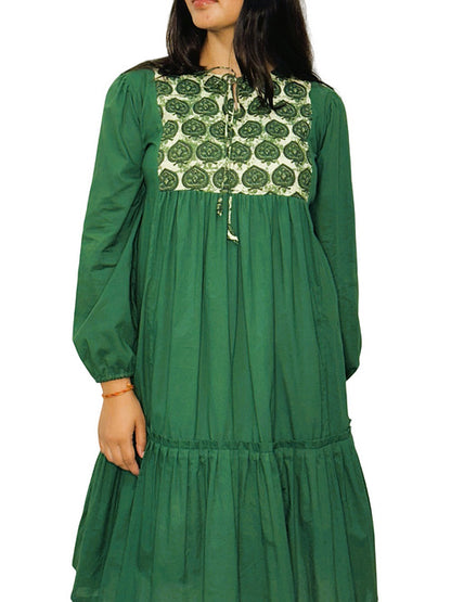 Dence Green Boho Style Casual Dress, Handmade with Premium Cotton