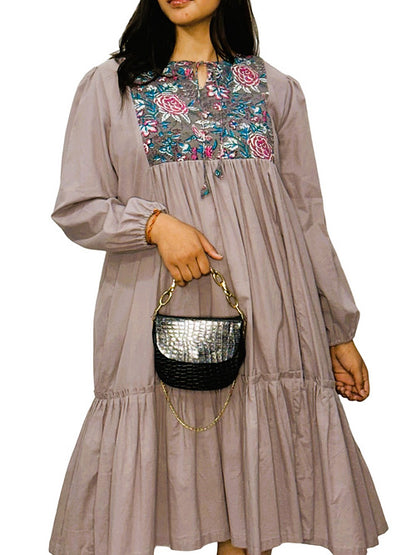 Dark Lavendor Casual Boho Style Dress, Handmade with Premium Cotton