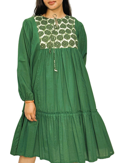 Dence Green Boho Style Casual Dress, Handmade with Premium Cotton